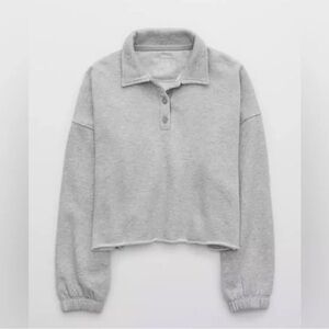 Aerie Light Gray Cropped Polo Sweatshirt